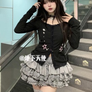 地雷系 地雷系衣服 y2k 亞文化 哥特風 暗黑系 YT2韆禧風蕾絲花邊紐扣顯身材長袖開衫T恤收腰修身港風女上衣秋季