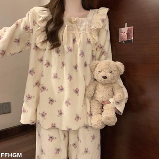睡衣 兩件式睡衣冬季 睡袍 長袖 睡袍睡衣冬季女珊瑚絨公主風加絨加厚法蘭絨 春秋款少女甜美家居服FFHGM