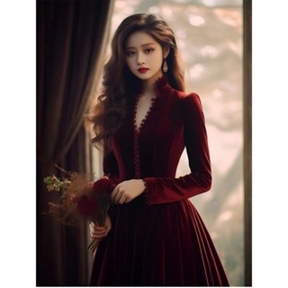 【免運】法式高階酒紅色絲絨洋裝女冬季獨特超好看宴會敬酒禮服氣質長裙