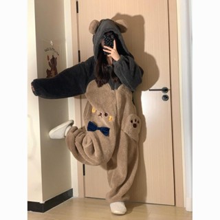 小熊連帽珊瑚絨連體睡衣女冬季新款加絨加厚毛絨家絨毛睡衣 長袖保暖家居服 珊瑚絨上衣 法蘭絨上衣 搖粒絨睡衣 睡衣可愛