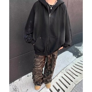 Annie💖美式廢土做髒連帽大學T男 黑杏M-3XL 春秋季vibe潮牌復古哥特字母寬鬆小外套外套