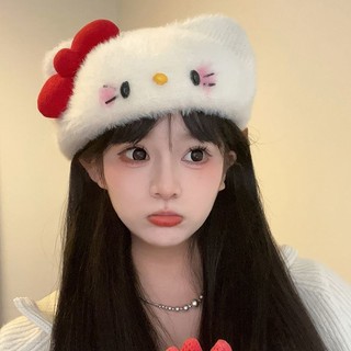 Kitty帽子🎀 可愛蝴蝶結kt貓毛絨帽子女秋冬新款甜美保暖貝雷帽軟妹畫家帽