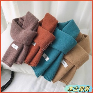 ✨桃園精品✨冬季新款針織毛線圍巾素色帶標圍脖學生少女韓版可愛保暖小圍巾