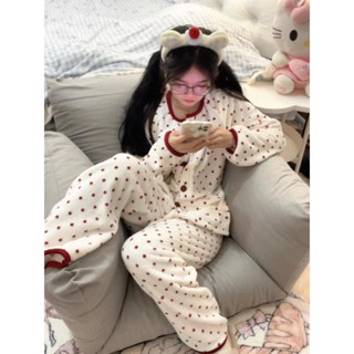 see 保暖睡衣 加絨睡衣 居家服 長袖睡衣 卡通圓點新款睡衣女冬季德絨加絨加厚保暖家居服套裝可外穿