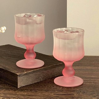 【FAIRY】中古磨砂漸變粉百褶高腳玻璃杯高顏值女生家用洋酒杯紅酒香檳杯子隨行杯 桌面水杯 咖啡杯 冰霸杯