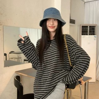 [Heart 心跳]慵懶鬆弛感灰色條紋長袖T恤女春秋寬鬆休閒上衣設計感小眾打底衫 打底衫 長袖T恤