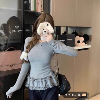 [Heart 心跳]芭蕾風花邊磨毛T恤2025早春季新款修身顯瘦加絨加厚內搭打底上衣女 內搭打底 長袖T恤