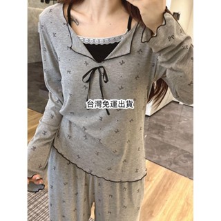 免運🌸[帶胸墊]睡衣女 春秋韓版居家服 甜美蝴蝶結印花 長袖長褲家居服兩件套 自帶罩杯莫代爾睡衣薄款 親膚透氣