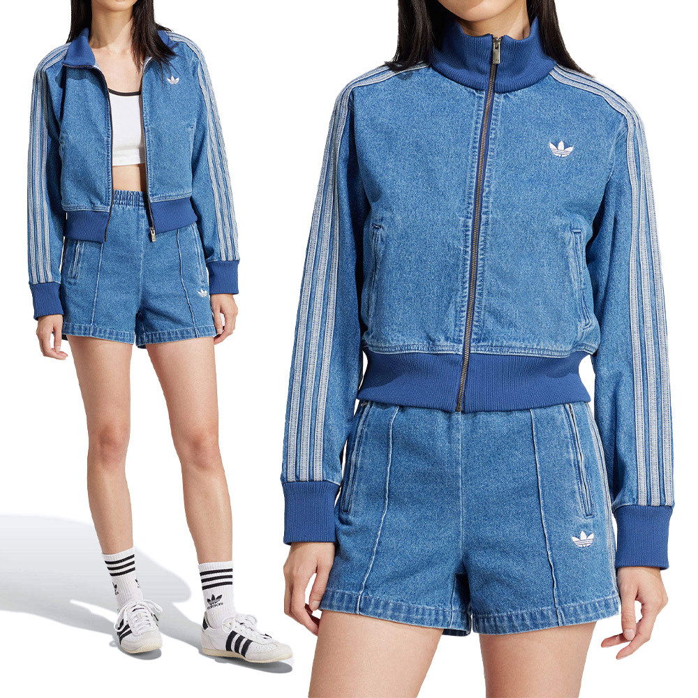Adidas Denim TT 女款 藍色 運動 休閒 拉鍊 口袋 三葉草 愛迪達 立領 牛仔 外套 JD2570