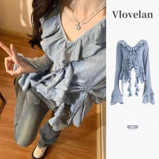 🔥臺灣出貨🔥限時下殺📣女生襯衫 春夏新款設計感小眾v領上衣 荷葉邊修身減齡防曬襯衫 長袖上衣女