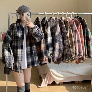 2025新款襯衫女 大尺碼襯衫 休閑襯衫 磨毛加厚毛呢格子襯衫女寬鬆中長款秋冬季新款港味百搭襯衣外套潮