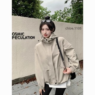 【免運】美式簡約慵懶風連帽衝鋒衣 休閒百搭 外套 女 春秋新款 寬鬆設計感 抽繩 長袖 夾剋 速幹防水 抗皺 上衣 韓