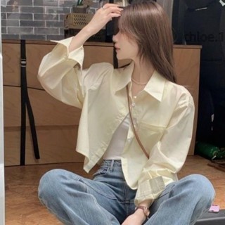 【限時免運出貨】韓係短版襯衫女秋季寬鬆休閒長袖上衣外搭防曬外套