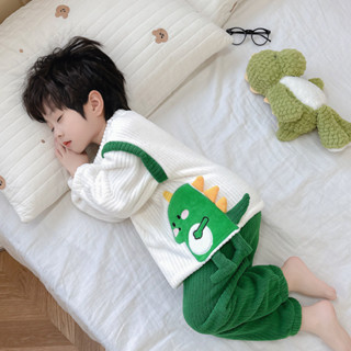 臺灣熱銷🌈兒童珊瑚絨睡衣男童冬季加厚寶寶法蘭絨家居服秋冬款小童恐龍衣服