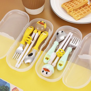 臺灣出貨⚡食品級叉勺 小黃鴨卡通304不銹鋼兒童餐具防滑勺叉練習筷子三件套輔食套裝