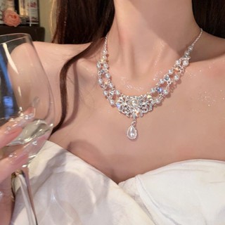 法式水滴珍珠項鏈女2024新款複古公主宮廷風鎖骨鏈晚禮服閃鑽頸鏈DT7X