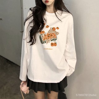 衣大倉 美式復古 印花 t恤 流行衣服印花純棉長袖T恤女新款寬鬆圓領打底上衣