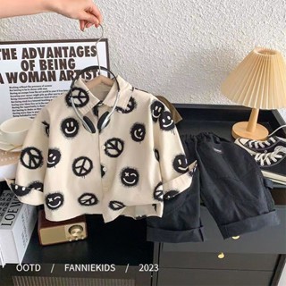 💕洋洋兒童店💕 男童襯衫 兒童襯衫 兒童襯衫 凡覓春季新品帥氣寶寶休閒上衣笑臉滿印男童翻領襯衣 男童襯衣 兒童襯衣