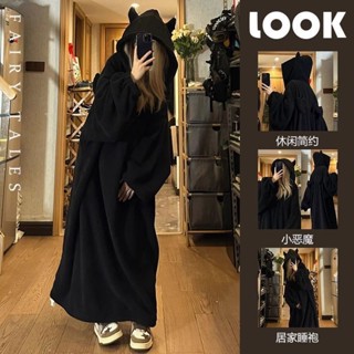 【現+免運】珊瑚絨黑色小惡魔睡衣女秋冬季加絨加厚冬天保暖慵懶風居家服套裝 睡衣 睡袍 絨睡袍 睡衣女 珊瑚絨