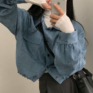 Meet.You.韓國chic秋冬新款寬鬆百搭單排扣翻領短款燈芯絨襯衫抽繩外套女潮