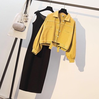 【Sweet Oversize】單兩件套裝女秋冬新款胖妹妹大碼牛仔短外套學生寬鬆顯瘦連衣裙潮