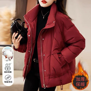 女生外套 保暖外套 棉外套 厚外套 冬季外套 紅色羽絨棉服女2024時尚寬鬆顯瘦加厚保暖設計感小眾百搭棉衣 女裝 防風外