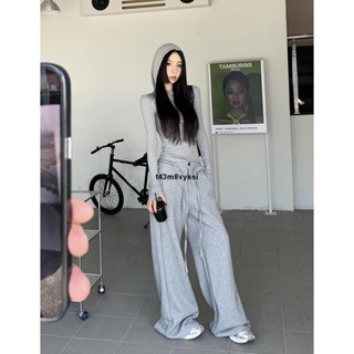 七喜服裝 美式辣妹~時髦個性連帽緊身長袖上衣+刷毛加厚鬆緊腰抽繩寬鬆闊腿休閒褲 女生衣服女生衣服