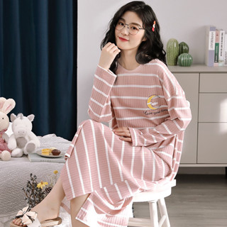 LW湯圓女裝-高檔睡裙女春秋季棉質長袖睡衣韓版過膝裙寬鬆家居服jjf