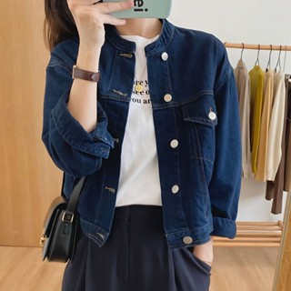 韓版複古 深藍色寬鬆顯瘦 牛仔外套女 2024秋新款 百搭外穿 短款夾剋上衣