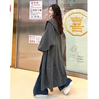 ✨優選大碼✨毛衣外套女慵懶風過膝長款連帽針織開衫大衣秋冬加厚灰色鬆弛感寬鬆毛衣外套