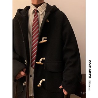 ⭐川崎先生⭐冬新港風牛角扣毛呢連帽大衣男羊羔絨加厚保暖大碼外套2024 CNS2