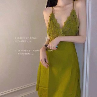睡衣女夏天冰絲帶胸墊薄款蕾絲美背性感吊帶睡裙ins風性感純慾風情趣睡衣 吊帶睡衣 性感內衣 製服誘惑 情趣角色服 蕾絲睡