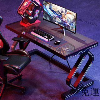 免運 含髮票 破損包賠 書桌 電腦桌 工作桌 網紅電競桌臺式家用電腦桌鋼化玻璃碳縴維紋理電腦桌加厚加固桌子