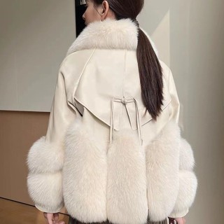 毛毛外套 韓版外套 保暖外套 女裝 海寧皮草綿羊皮真皮皮衣羽絨服女短款狐狸毛領皮毛一體外套韓版 防風外套 冬天外套 1H