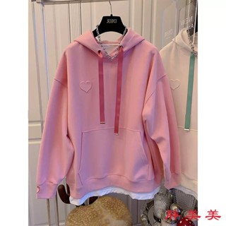 【M-5XL大尺碼】大尺碼女裝 連帽衛衣 帽t 長袖上衣 寬鬆顯瘦 大碼女裝愛心連帽薄款衛衣女秋季2024新款假兩件上衣