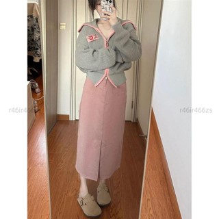 臺灣✨S-4XL 秋季套裝女 大尺碼女裝 2024新款 輕熟撞色雙拉鍊針織小外套毛衣開叉半身裙