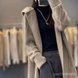 重磅中長版連帽羊絨衫大衣女春秋冬新款加厚過膝寬鬆羊毛開衫 羊毛大衣外套 羊絨外套 毛呢外套 女裝1012 F5X4