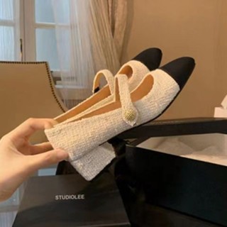 布面拼色瑪麗珍鞋 女中跟鞋 春秋季新款大碼女鞋 一字帶粗跟鞋女 淺口單鞋 女樂福鞋