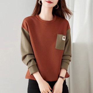 休閑時髦撞色秋裝大碼寬松拼接口袋上衣女寬松顯瘦減齡圓領長 韓版上衣 大尺碼上衣 冬天衣服 大尺碼女裝 長袖上衣 日系穿搭