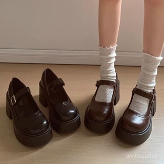 【VV】 棕色複古法式增高厚底小皮鞋女2025新款春季粗跟瑪麗珍淺口單鞋子