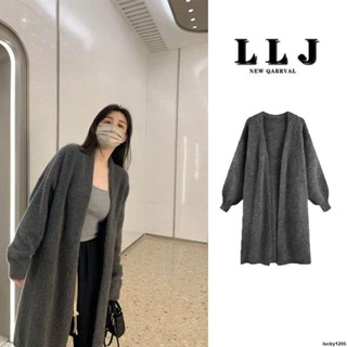 妖艷玫瑰💘灰色中長款過膝毛衣外套女秋冬季外穿寬松慵懶風針織開衫加厚大衣