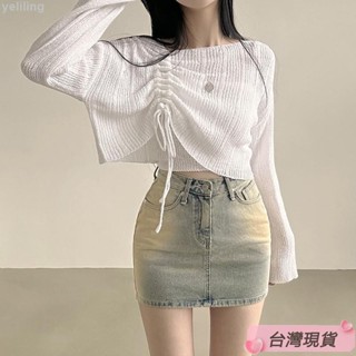 Twiggie❥今夏BI入~韓妞超愛！純慾抽繩蝴蝶結防曬罩衫冰絲長袖針織衫一字領套頭毛衣女生上衣