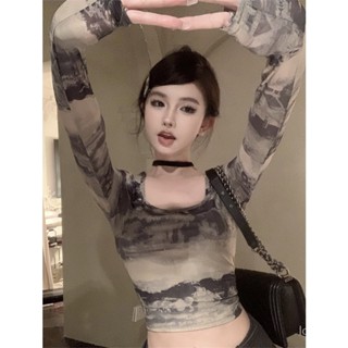 【Free Girl】長袖上衣 長袖方領T恤美式修身短款上衣 短版上衣 顯瘦上衣 寬鬆上衣 長袖t恤 打底衫 性感上衣