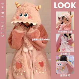 小怪獸睡衣 睡衣套裝 珊瑚絨睡衣 加絨 加厚 睡袍 卡通 可愛 長款睡衣 浴袍睡衣套裝 毛絨睡袍