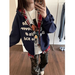 七喜 美式復古假兩件開衫連帽衛衣女新款oversize外套寬松百搭小眾上衣外套女 連帽衛衣 秋季上衣