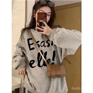 大學t 刷毛 大學TEE 美式複古 花灰色圓領衛衣女 秋冬新款字母印花慵懶oversize寬鬆上衣 秋冬 長袖上衣