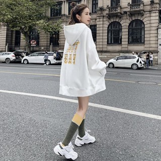 【Seeryn】M-4XL 女生大尺碼長袖T恤特大尺碼刷毛加厚連帽T新款薄款白色寬鬆上衣ins潮學院風百搭