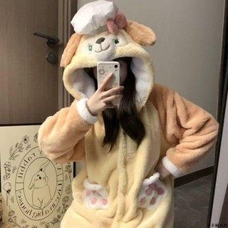 【桃園新品】可愛卡通廚師狗睡衣女珊瑚絨加絨加厚連帽睡袍冬季少女家居服套裝 睡袍 居家服 保暖睡衣