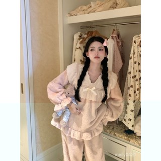 珊瑚絨加絨加厚睡衣女秋冬款2023年新款甜美蝴蝶結宿捨家居服套裝