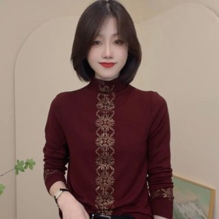 德絨洋氣燙鑽半高領長袖上衣女秋季新款媽媽裝時尚氣質顯瘦打底衫